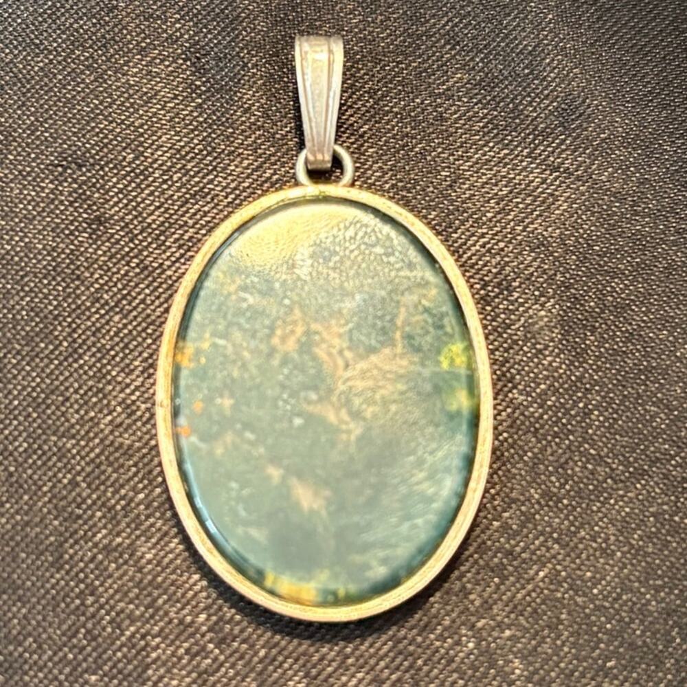 Vintage Sterling Silver Moss Agate Oval Pendant / Pendant Only